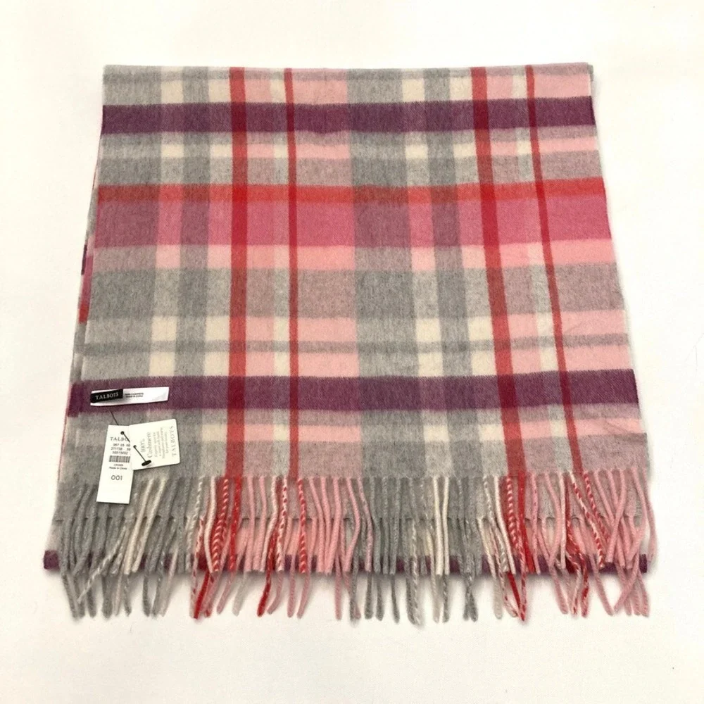 Talbots 100% Cashmere Scarf Pink Purple Plaid NEW 76